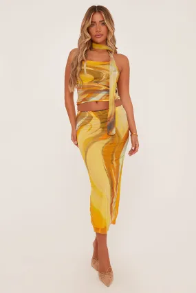 Yellow Abstract Print Bandeau Crop Top & Midi Skirt Co-ord Set - Savannah