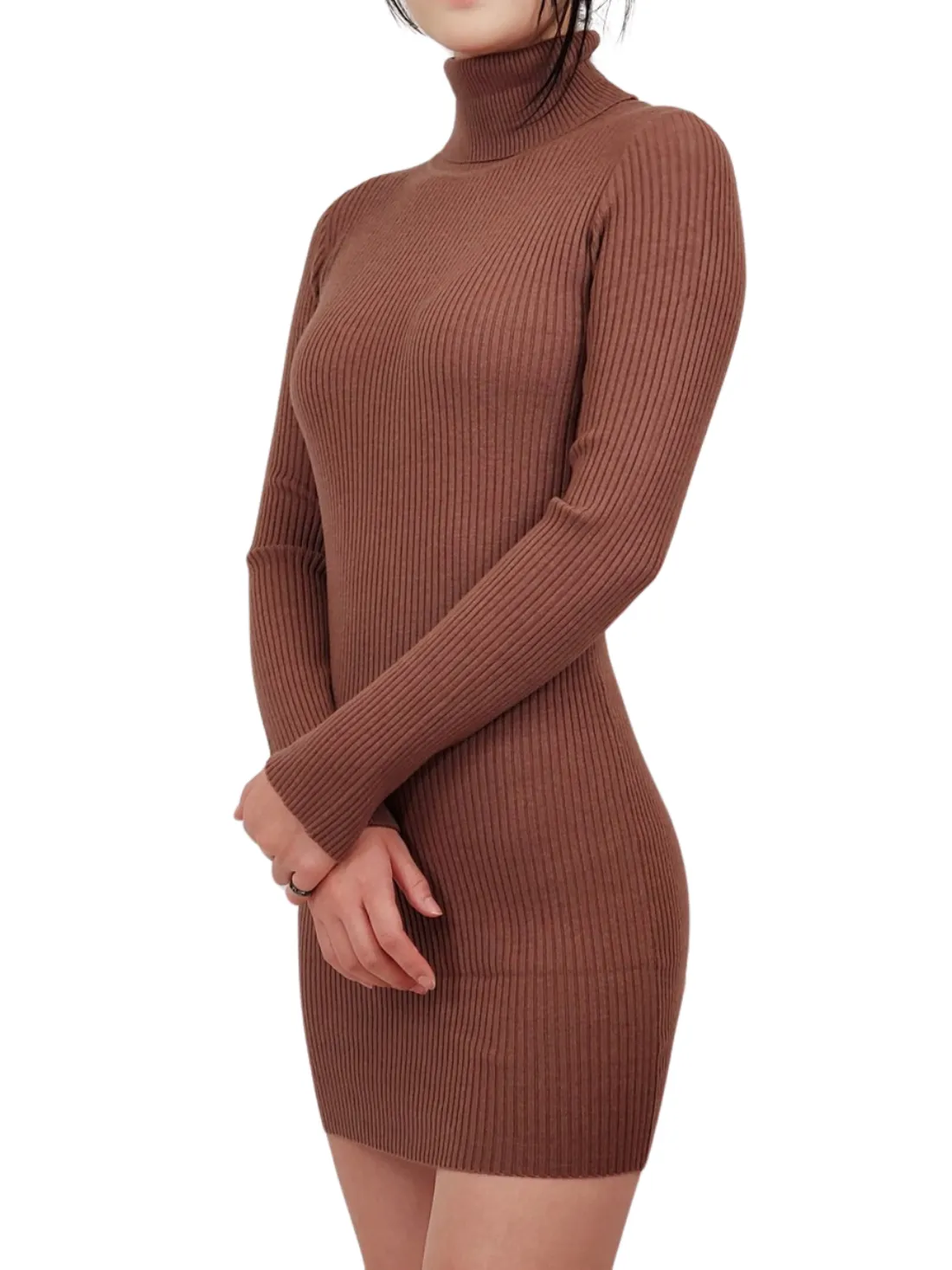 Yemak Women's Ribbed Turtleneck Long Sleeve Slim Fit Mini Dress MK8121